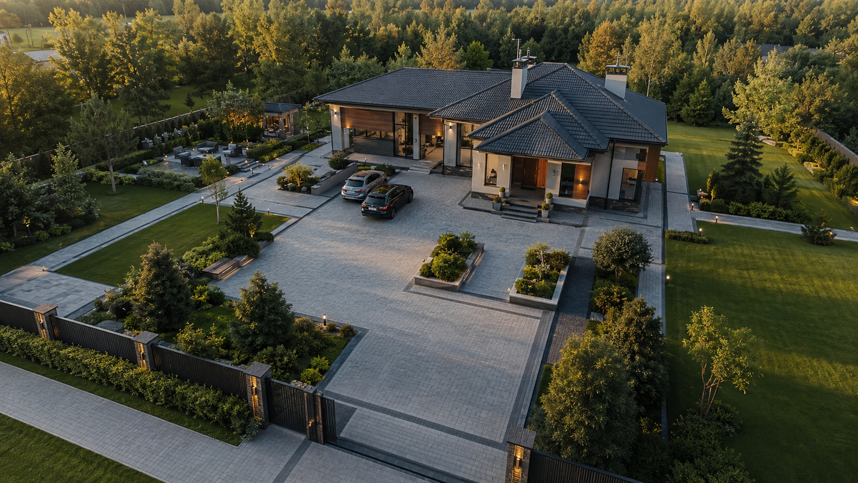 Укладка тротуарной плитки на большом частном участке от 200 м²